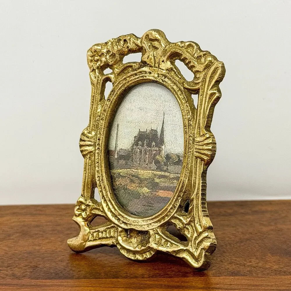 Antique Art Nouveau Solid Brass Miniature Oval Picture Frame c.1895-1915